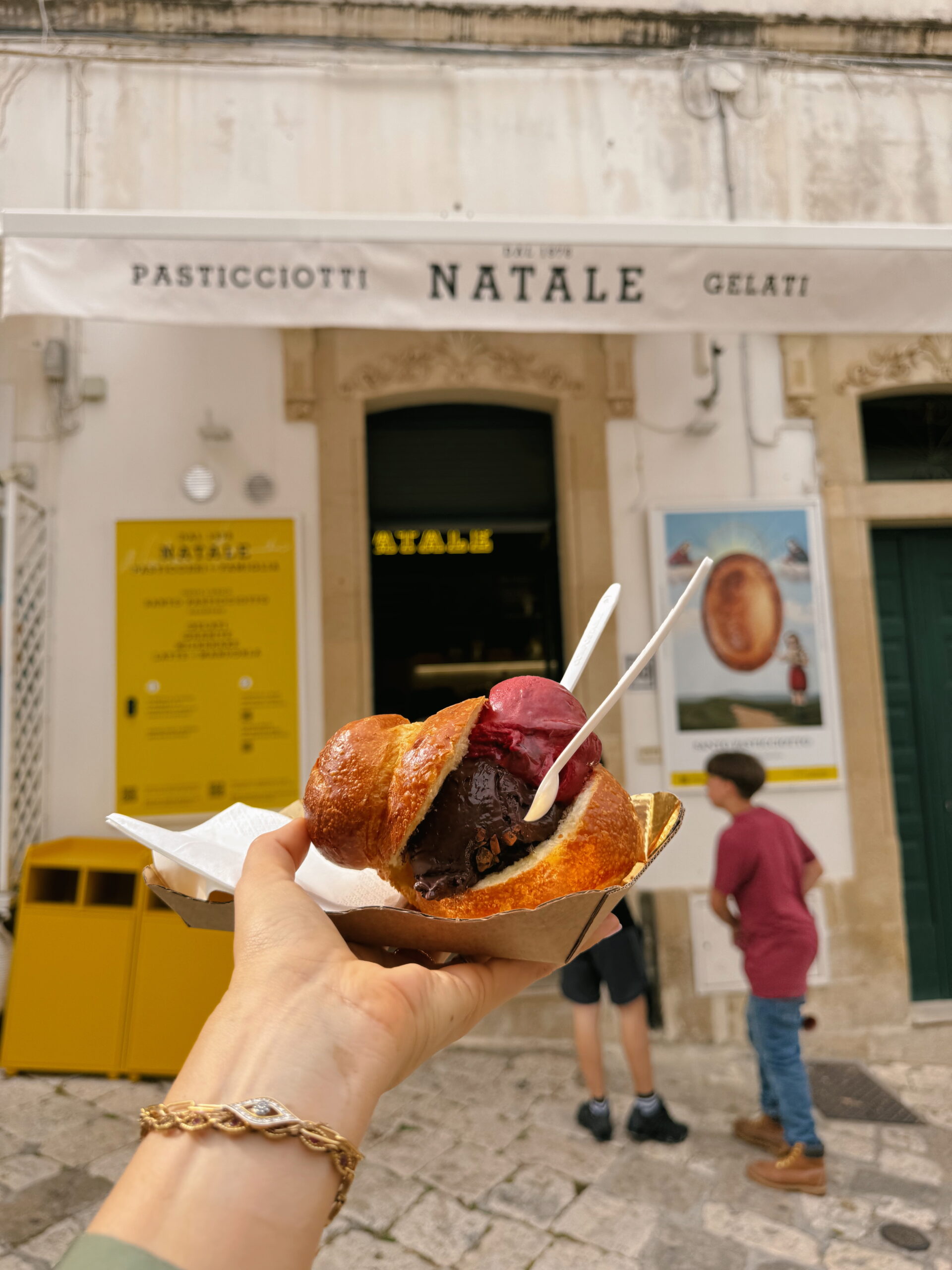 gelato stuffed in a freshly baked croissant — also known as cornetto con gelato.