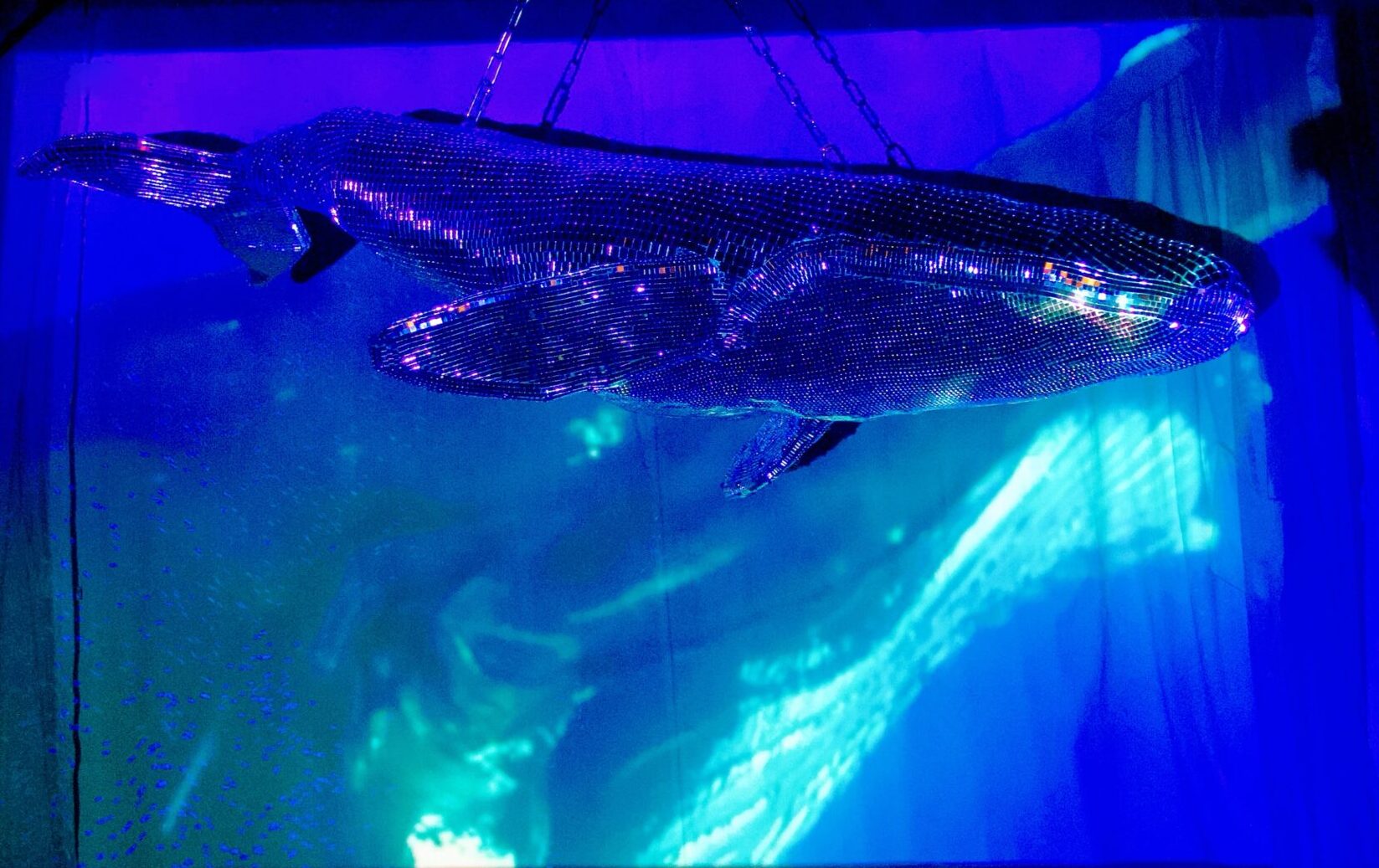custom hospitality art - disco whale mirror art disco ball a.m. club studio by amy marietta