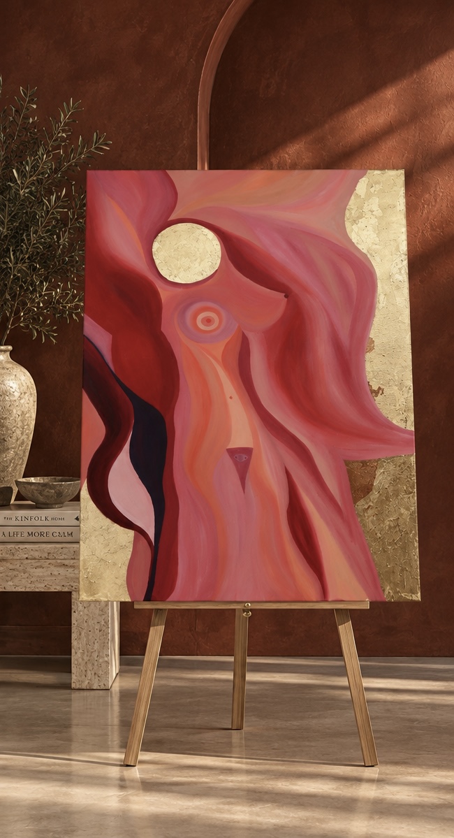 Source of Flowing Gold, Original Oil Painting Set of 2, 48x36 Pink Red Gold Abstract Art, Large Statement Wall Art, Luxury Decor